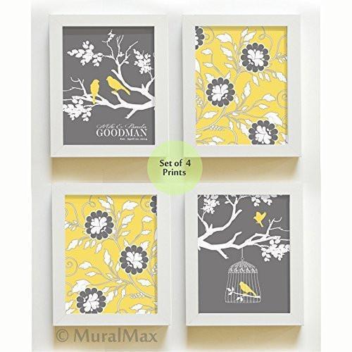 Personalized Family Tree & Floral Love Bird Theme- UNFRAMED Prints - Set of 4 - Yellow - Gray & White-B018KOEP58