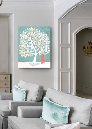 Personalized Family Tree Wedding Guest Book Canvas Art - Coral And Aqua Wedding - Couples Gift-MuralMax Interiors
