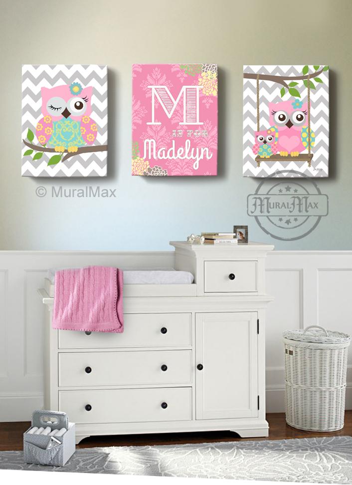 Personalized Floral Baby Nursery Owl Decor Pink Aqua Girl Room