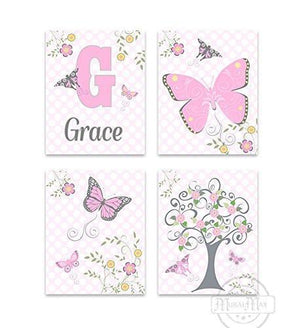 Personalized Flowers & Butterfly Nursery Art For Girls - Set of 4 - Unframed Prints-B01CRT80TO-MuralMax Interiors