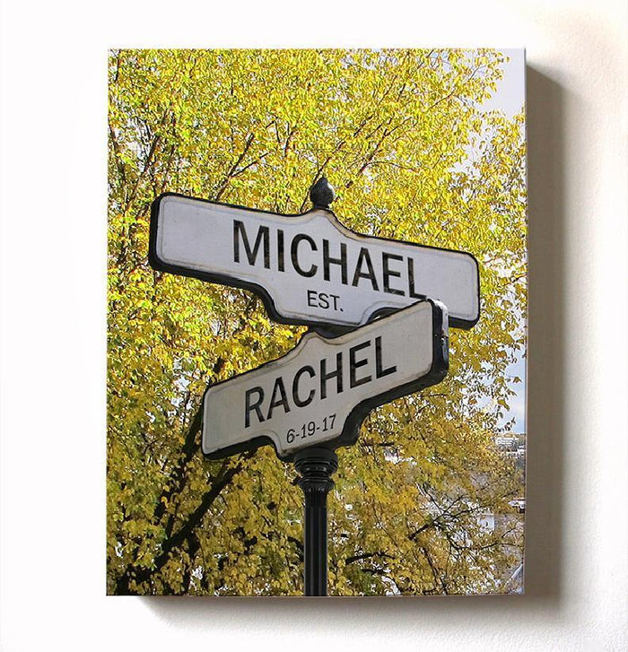 Personalized Names & Established Date Street Sign - Canvas Housewarming Wall Decor - Memorable Anniversary & Wedding Gifts For Living Room & Bedrooms