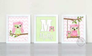 Personalized Owl Nursery Art - Baby Pink Green Owl Art = Unframed Prints - Set of 3-MuralMax Interiors