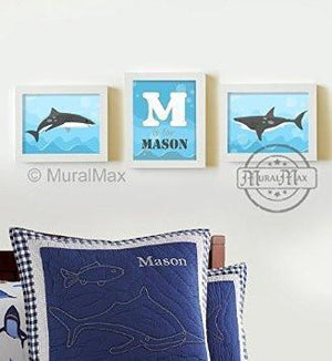 Personalized Whimsical Shark Wall Art - Unframed Prints - Set of 3-B018KOB5TW-MuralMax Interiors