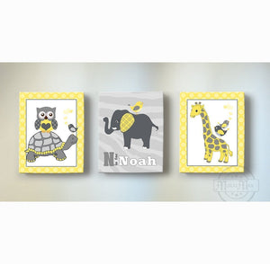 Personalized Yellow Gray Nursery Decor - Whimsical Safari Animals Canvas Art - Elephant Giraffe - Set of 3-MuralMax Interiors