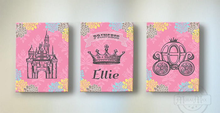 Princess Nursery Decor - Personalized Princess Crown Castle Pumpkin Carriage Canvas Art- Set of 3