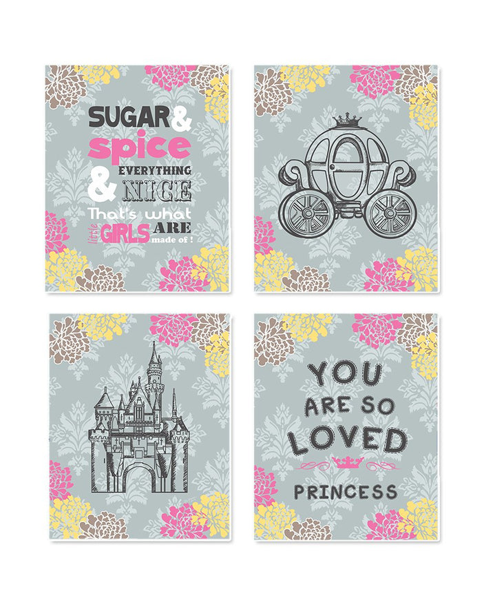 Princess Play Room Wall Art - Princess Castle and Inspirational Quotes Nursery Art - Set of 4 - Unframed Prints