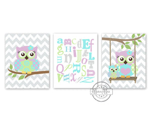 Purple Aqua Girl Room Decor - Educational Chevron Owl & Alphabet Decor - Unframed Prints - Set of 3-MuralMax Interiors