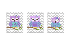Purple Owl Girl Room Wall Art - Unframed Prints - Set of 2-Lavender Owl Art-MuralMax Interiors