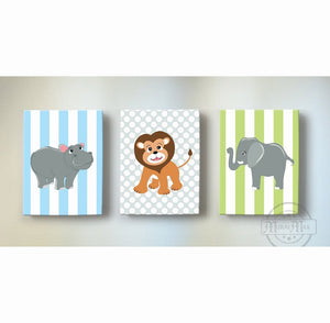 Safari Animals Baby Boy Nursery Art - Elephant Giraffe Hippo Canvas Art - Set of 3-MuralMax Interiors