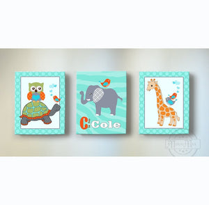 Safari Baby Nursery Decor - Personalized Zebra Striped & Polka Dots Whimsical Animal Canvas Art - Set of 3-MuralMax Interiors