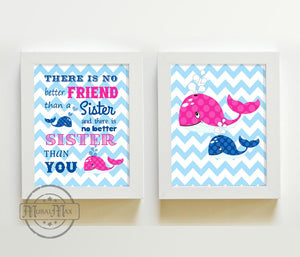 Sisters - Girl Room Nautical Decor - Whimsical Whale Nursery Art - Set of 2 - Unframed Prints-MuralMax Interiors