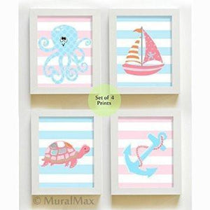 Striped Nautical Nursery Art - Unframed Prints Set of 4-B018KOCT88-MuralMax Interiors