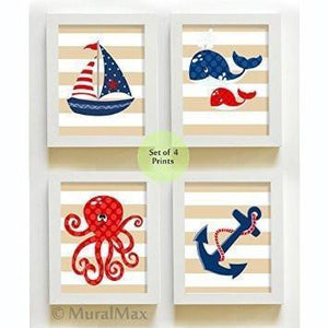 Striped Nautical SailBoat & Ocean Life Collection - Unframed Prints - Set of 4-B018KODX9W-MuralMax Interiors