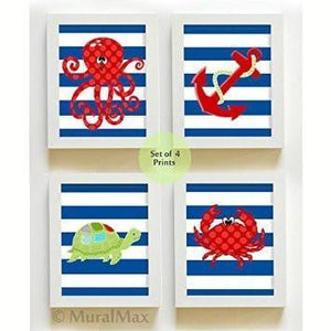 Striped Ocean Life & Nautical Collection - Unframed Prints - Set of 4-B018KOD680-MuralMax Interiors