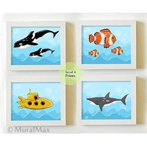 Submarine & Marine Life Collection - Unframed Prints - Set of 4-B018KODPBS-MuralMax Interiors
