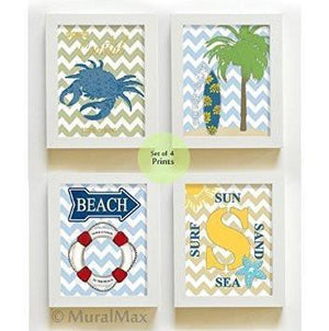 Unisex - Going Coastal Nautical Theme - Chevron Unframed Prints - Set of 4-B018KOC9N8-MuralMax Interiors
