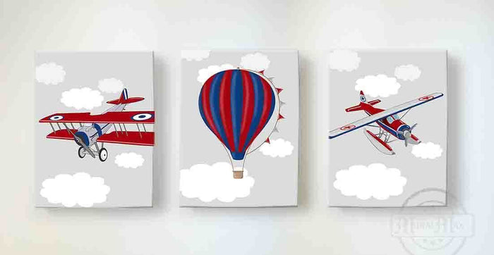Vintage Airplane and Hot Air Balloon Nursery Decor - Boys Room Canvas Nursery Wall Art - Set of 3