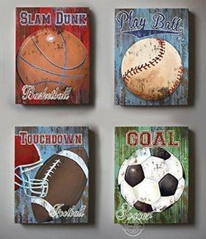 Vintage Sports Wall Decor -Baseball - Football - Basketball & Soccer - Canvas Wall Art-MuralMax Interiors