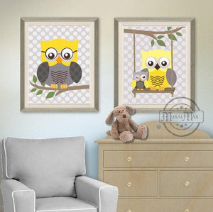 Yellow Gray Owl Nursery Wall Art - Unframed Prints - Set of 2-MuralMax Interiors