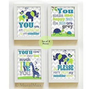You Are My Sunshine Giraffe & Friends Collection - Chevron Unframed Prints - Set of 4-B018KOB43O-MuralMax Interiors