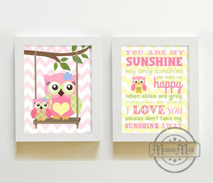 You Are My Sunshine Happy Owl Owl Nursery Prints - Unframed Prints - Set of 2-MuralMax Interiors