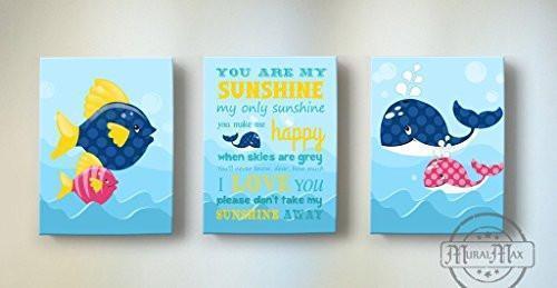You Are My Sunshine Nautical Nursery Art For Girl - Whale Fish