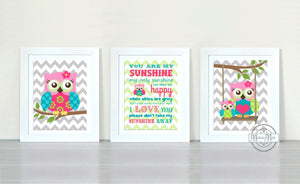 You Are My Sunshine Owl Girl Room Art Prints - Hot Pink Teal Owl Decor - Unframed Prints - Set of 3-MuralMax Interiors