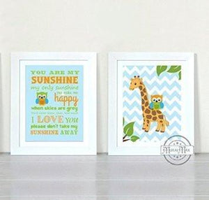You Are My Sunshine Whimsical Friends - Chevron Unframed Prints - Set of 2-B018KOG7TK-MuralMax Interiors