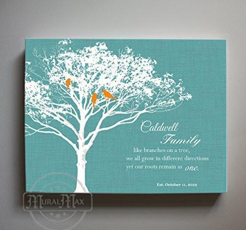 30th Wedding Anniversary Gift for Parents Grandparents - Personalized Family Tree With Birds Canvas Wall Art- Turquoise Decor