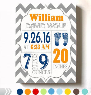 Baby boy birth announcement canvas with modern footprint design and personalized name birth stats