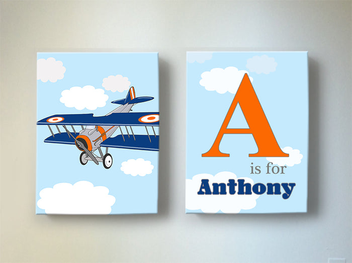 Vintage Airplane Personalized Nursery Art  - Aviation Boy Room Decor - Set of 2 Canvas Art