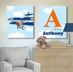 Vintage Airplane Personalized Nursery Art  - Aviation Boy Room Decor - Set of 2 Canvas ArtBaby ProductMuralMax Interiors
