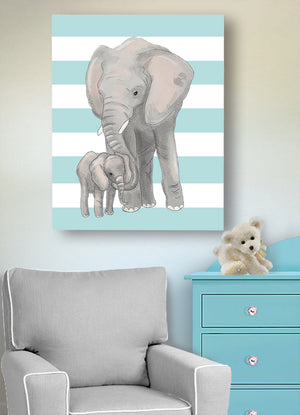 Nursery Decor - Elephant Canvas Art for Kids Room - Mom & Baby Elephant Watercolor Painting