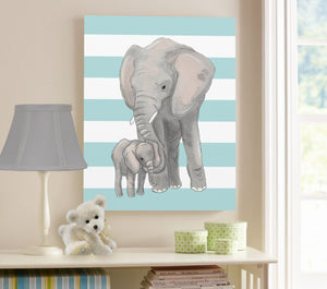 Nursery Decor - Elephant Canvas Art for Kids Room - Mom & Baby Elephant Watercolor Painting