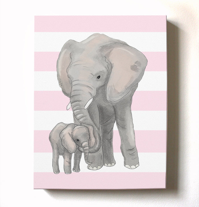 Baby Girl Nursery Decor Elephant Family Canvas Wall Art - Mom & Baby Elephant Watercolor Art