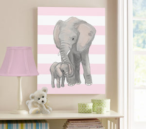 Baby Girl Nursery Decor Elephant Family Canvas Wall Art - Mom & Baby Elephant Watercolor Art - MuralMax Interiors