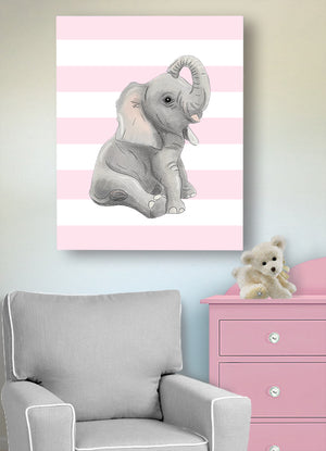 Nursery Decor Baby Elephant Striped Canvas Wall Art Baby Girl Elephant Watercolor Nursery Art New Baby Gift