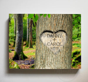 Eternal love tree carving canvas print personalized initials heart couples gift