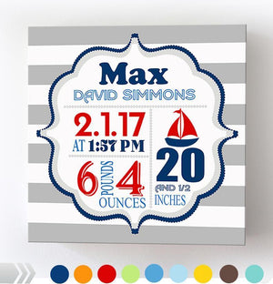 Nautical baby boy birth announcement canvas with sailboat design and personalized name birth stats