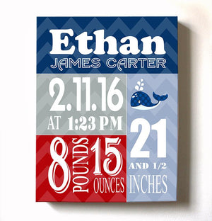 Nautical Nursery Decor Birth Announcements For Boy - Chevron Whale Canvas Nursery Art Baby GiftsBaby ProductMuralMax Interiors