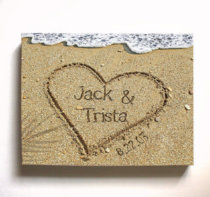 Personalized beach canvas wall art with couples names written in sand coastal deco