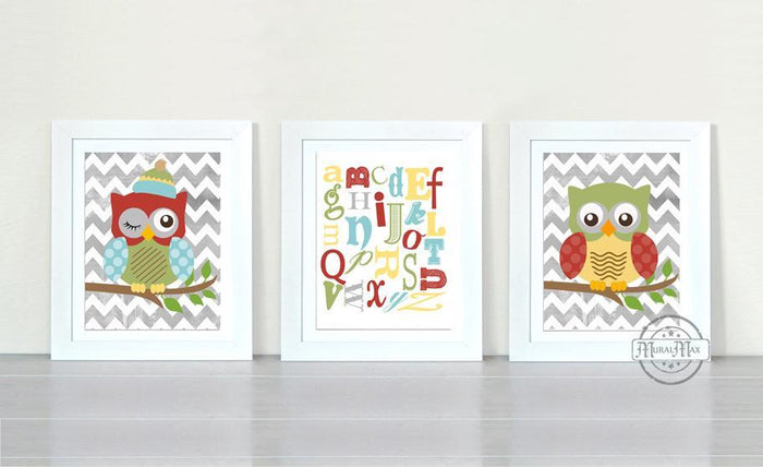 ABC Educational Chevron Owl Nursery Decor - Unframed Prints - Set of 3-Multi Color Art