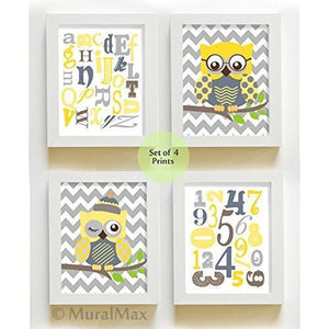 ABC Educational Chevron Owl Nursery Decor - Unframed Prints - Set of 4 Yellow Gray ArtBaby ProductMuralMax Interiors