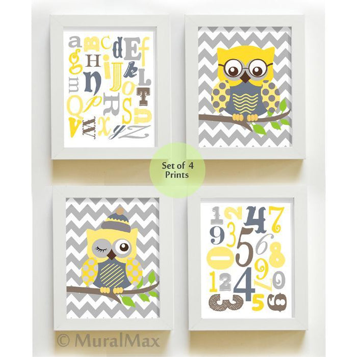 ABC Educational Chevron Owl Nursery Decor - Unframed Prints - Set of 4 Yellow Gray Art