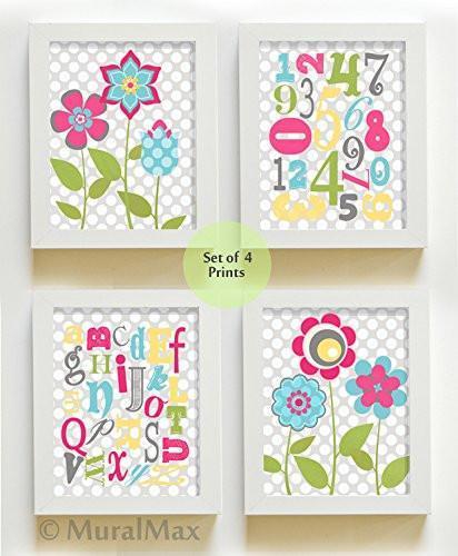 ABC's & 123"s Floral Education Theme - Set of 4 - Unframed Prints-B01CRMIHWQ