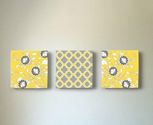 Abstract Flower Vine - Stretched Canvas Wall Art - Memorable Anniversary Gifts - Unique Wall Decor - Color - Yellow - 30-DAY - Set Of 3-B018KOBY4S