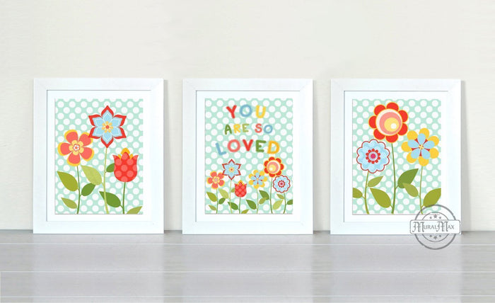 Abstract Polka Dot - Floral You Are So Loved Nursery Art - Unframed Prints - Set of 3-B018KOB0V0