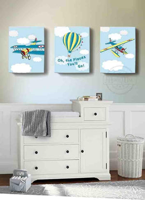 Airplane and Hot Air Balloon Nursery Decor - Boys Room Canvas Nursery Wall Art - Set of 3-B07CV72H7TBaby ProductMuralMax Interiors