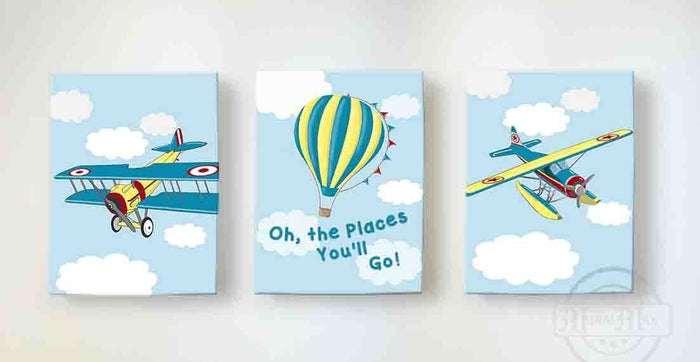 Airplane and Hot Air Balloon Nursery Decor - Boys Room Canvas Nursery Wall Art - Set of 3