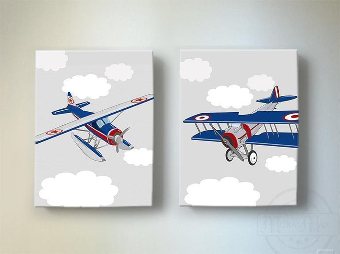Airplane Boy Room or Nursery Wall Art - Aviation Canvas Nursery Art- Set of 2